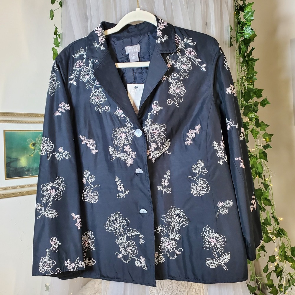 Sigrid Olsen Silk Embroidered Floral Jacket Black Old Money Cottage Size 16